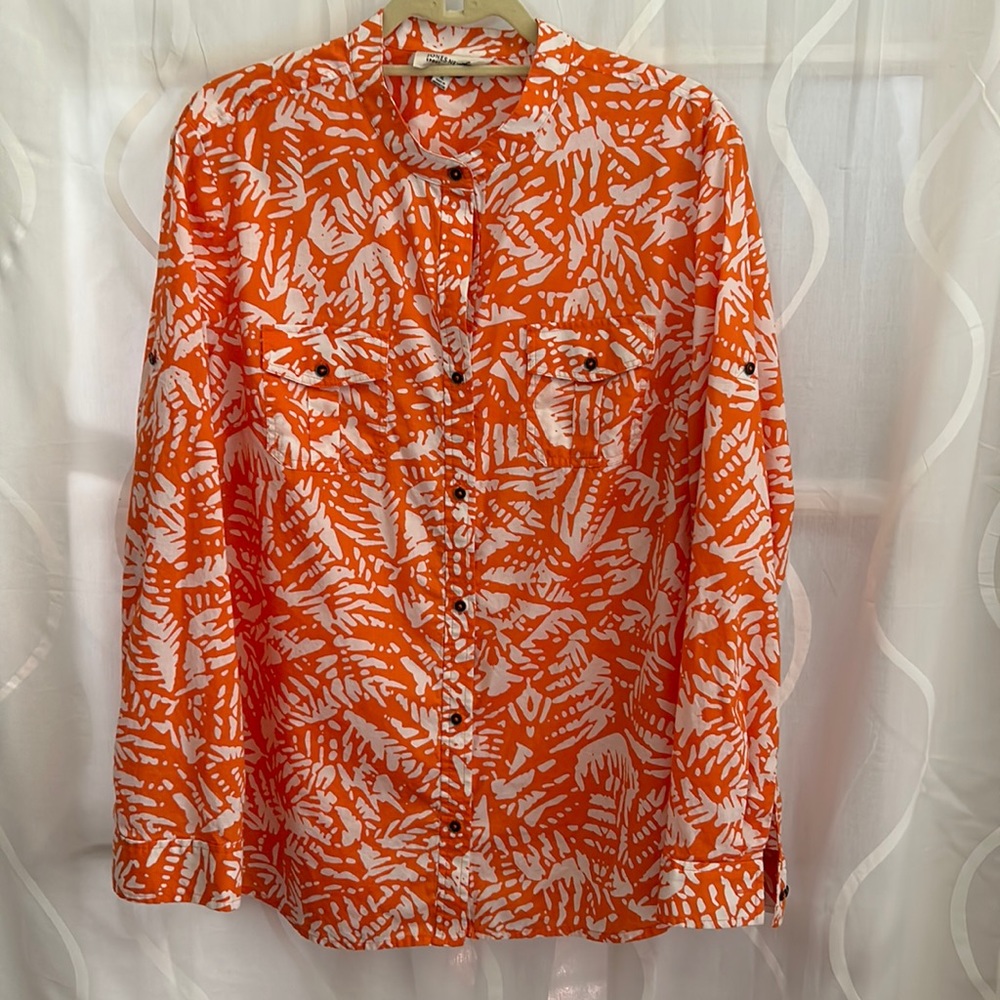Jones New York Sport, Orange & White Print, Button Down, Long SleeveTop, Size XL